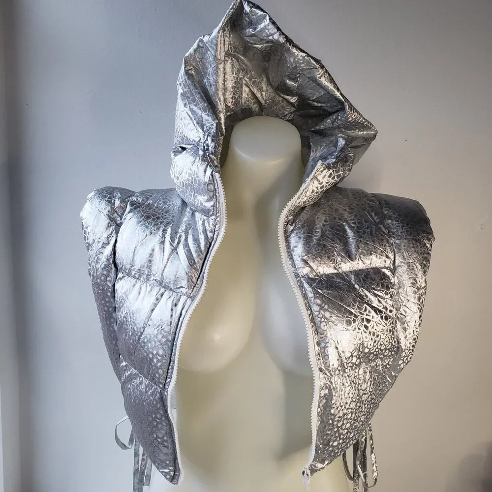 Silver Shine Holographic Crop Puffer Vest Rave Gem Y2K Style Zip + Side Strings - Picture 2 of 12